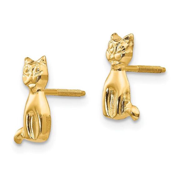 Kids Polished Cat Friction Back Post Earrings in 14k Yellow Gold - Picture 2 of 5